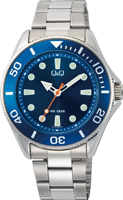 Q&Q C72A-002VY - Horloge - Polshorloge - Analoog - Heren - Mannen - Stalen band - Rond - Metaal - Stippen - Strepen - Zilverkleurig - DonkerBlauw - LichtGroen