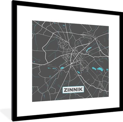 Fotolijst incl. Poster - België – Zinnik – Stadskaart – Kaart – Blauw – Plattegrond - 40x40 cm - Posterlijst