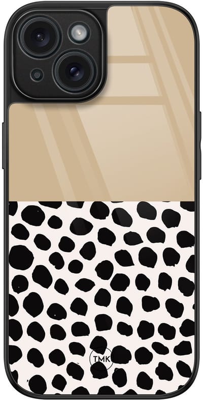 Hoesje geschikt voor Apple iPhone 15 - Brown dots abstract - Bruin - TPU luxe case (glossy toplaag) - Geometrisch patroon - Hardcase backcover zwart