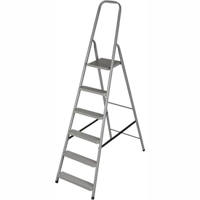 Aurixi® Huishoudtrap 6 Treden - Keukentrapje Basic Anti-slip - Keukentrap Inklapbaar – Trapladder Breed - Opstapje – Vouwladder – Ladders - Keukentrap - Grijs - 49cm x 13cm x 197cm