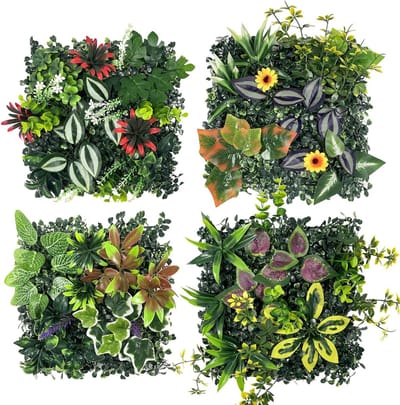 Kunstmatige Groene Wandpanelen 4 Stuks 9.8x9.8" voor Binnen en Buiten, Nepplant Wandmat voor Tuindecoratie en Privacy Scherm
