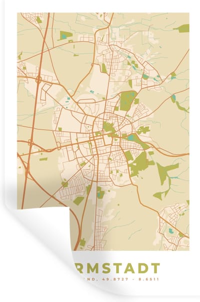 Muurstickers - Sticker Folie - Darmstadt - Plattegrond - Kaart - Vintage - Stadskaart - 20x30 cm - Plakfolie - Muurstickers Kinderkamer - Zelfklevend Behang - Zelfklevend behangpapier - Stickerfolie
