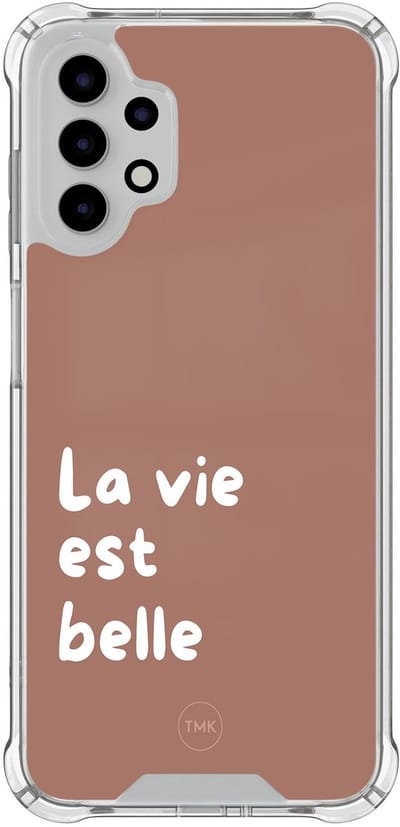 Shockproof hoesje geschikt voor Samsung Galaxy A13 4G - La vie est belle - Schokbestendig - Verhoogde randen - TPU case - Extra Sterke Back Cover - Tekst - Transparant, Bruin