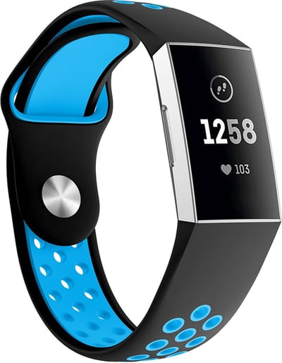 By Qubix - Compatible Fitbit bandje - geschikt voor Fitbit Charge 3 - Fitbit Charge 4 siliconen DOT bandje - Blauw / Zwart - Maat: Large - Horlogeband - smartwatchbandje