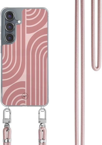 Hoesje met koord geschikt voor Samsung Galaxy S25 - Blush shapes - Inclusief Rosegoud koord - Crossbody beschermhoes - Transparant, Roze - Mooie Telefoonhoesjes