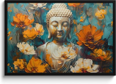 Poster in lijst - Fotolijst 90x60 cm - Posters - Buddha - Bloemen - Kleurrijk - Modern - Posterlijst zwart - Decoratie - Wanddecoratie woonkamer - Muurdecoratie slaapkamer