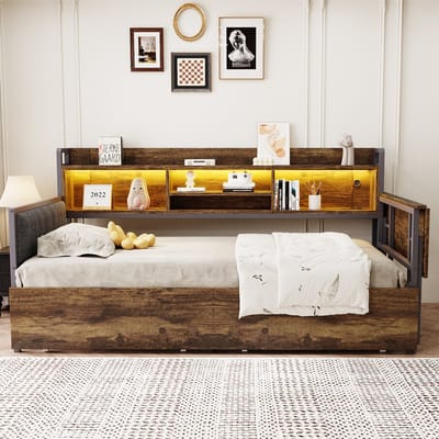 MODENUIT Slaapbank 90x200 cm – Met Uitklapbaar Bureau, Ledverlichting & Stopcontact – 2 Lades – Zonder matras – Houtkleur
