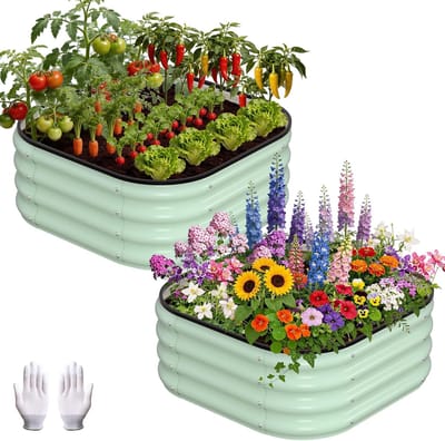 Gegalvaniseerde Moestuinbak Set van 2 - 60x60x30 cm - Vierkante Plantenbak voor Buiten - Groen- Inclusief Werkhandschoenen & Rubberen Randbescherming