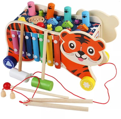 Bextunio Houten Tijger Speelgoed 8-in-1 – Xylofoon, Hamertje Tik & Trekspeelgoed – Educatief Montessori Speelgoed – Vanaf 1 Jaar