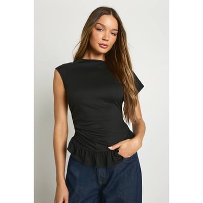 boohoo Dames Top van geborsteld jersey met wijde hals en franjerende zoom | Black | Maat: 10