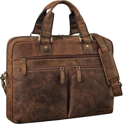 Leren Aktetas - Schoudertas Notebooktas - Zakelijk Gebruik - Gewatteerd Laptopvak - 40 x 12 x 32 cm - Bruin
