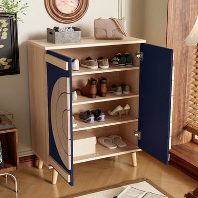 MODENUIT Schoenenkast - Geometrische Deuren En Gesloten Opbergruimte - Voor Hal En Gang - Blauw/Naturel - 76x37x98,5 cm