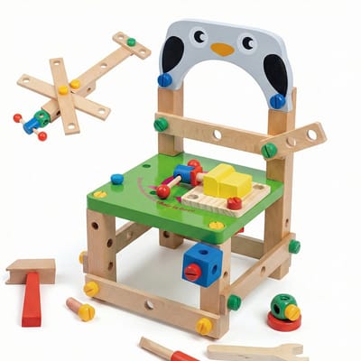Houten Gereedschapsstoel Pinguïn - 2-in-1 Constructie Speelgoed & Kinderstoeltje - 60+ delig - Toolbox Met Hamer, Schroevendraaier & Moersleutel - Gereedschapskoffer - Montessori Werkbank voor Peuters - Educatief cadeau 3+ , 31 x 8.5 x 25.7