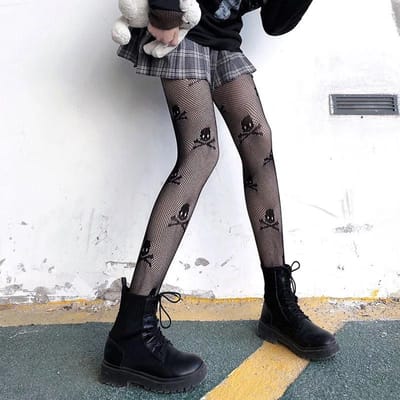 Dames Gaatjes Japanse Stijl Pantyhose Vrouwelijke Mesh Retro Geometrische Schedel Panty Visnet Sexy Super Elasticiteit Meisjes Kousen One Size gray