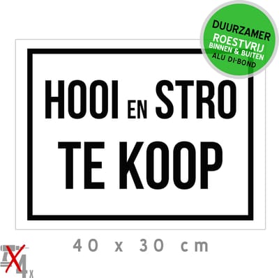 Bord/ aanbieding Dibond | "Hooi en stro te koop" | 40 x 30 cm | Halm | Graan | Graanafval | Landbouw | Duurzaam | 1 stuk