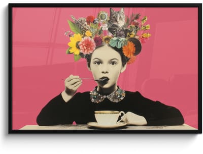 Poster in lijst - Fotolijst 120x80 cm - Posters - Meisje - Kopje - Bloemen - Roze - Posterlijst zwart - Decoratie - Wanddecoratie woonkamer - Muurdecoratie slaapkamer