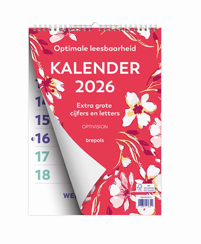 Brepols Optivision NL Kalender 2026 - FANTASY - Grote cijfers & letters - Wire-O - A4 - Rood - 21 x 29,7 cm