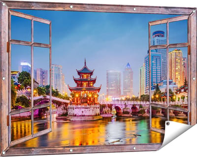 Gards Tuinposter Doorkijk Rivier bij Stad Guiyang in China - 120x80 cm - Tuindoek - Tuindecoratie - Wanddecoratie buiten - Tuinschilderij