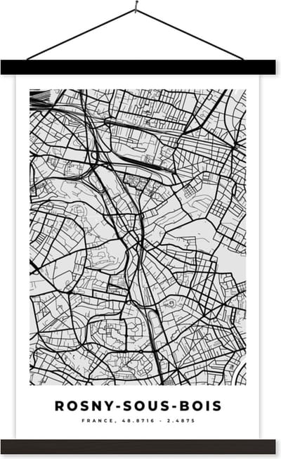Posterhanger incl. Poster 40x60 cm - Schoolplaat - Rosny-sous-Bois - Plattegrond - Frankrijk - Kaart - Stadskaart - Textielposter - Zwarte latten - Stadskaart