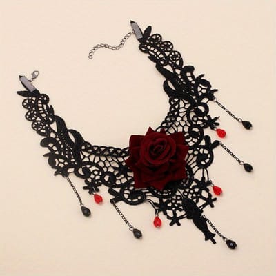 [Bijoux Roses Rouges Sans Placage] Collier Ras du Cou Gothique Vintage en Dentelle avec Fleurs Roses Rouges, Toutes Saisons, pour Tenue Quotidienne et de Fête black
