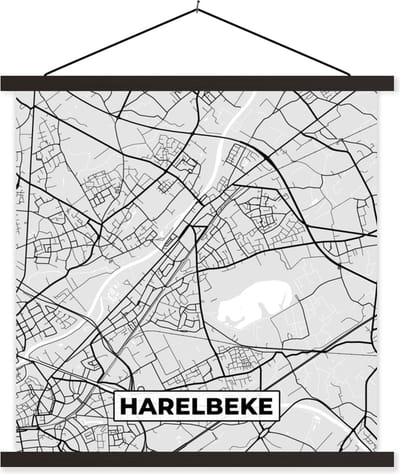 Posterhanger incl. Poster 60x60 cm - Schoolplaat - België – Harelbeke – Stadskaart – Kaart – Zwart Wit – Plattegrond - Textielposter - Zwarte latten - Stadskaart