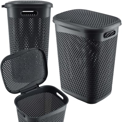 KADAX Plastic wasbak, lichte wasmand, wasverzamelaar van kunststof, luchtdoorlatende wasbox, met deksel (grijs)
