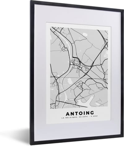 Fotolijst incl. Poster Zwart Wit- Zwart Wit – België – Plattegrond – Stadskaart – Kaart – Antoing - 30x40 cm - Posterlijst