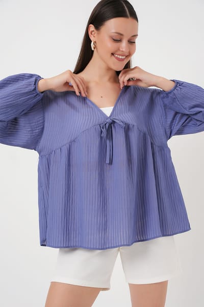 Gestructureerde Seersucker V-hals Blouse met Strik