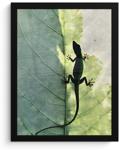 Poster in lijst - Fotolijst 30x40 cm - Posters - Hagedis - Blad - Nerven - Groen - Posterlijst zwart - Decoratie - Wanddecoratie woonkamer - Muurdecoratie slaapkamer