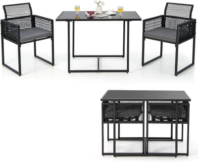 COSTWAY 3-delige tuintafelset met 2 rotan tuinstoelen, bistroset incl. zitkussens, tuingarnituur, balkonset, ruimtebesparend, terrasmeubel, zitgroep voor balkon en tuin