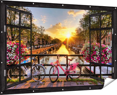 Gards Tuinposter Doorkijk Amsterdamse Brug met Zonsopgang - 180x120 cm - Tuindoek - Tuindecoratie - Wanddecoratie buiten - Tuinschilderij