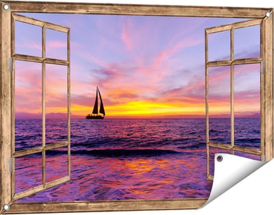 Gards Tuinposter Doorkijk Zeilboot Silhouet bij Zonsondergang - 90x60 cm - Tuindoek - Tuindecoratie - Wanddecoratie buiten - Tuinschilderij