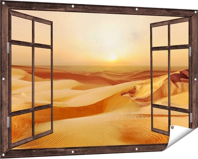 Gards Tuinposter Doorkijk Woestijn bij Zonsondergang in de Sahara - 150x100 cm - Tuindoek - Tuindecoratie - Wanddecoratie buiten - Tuinschilderij