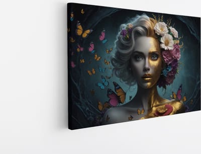 Saammp Canvas Schilderij - Vrouw met goud en bloemen - abstract - Goud - 30x20 - Foto op canvas - Wanddecoratie - Muurdecoratie Woonkamer - Slaapkamer decoratie - Canvas Print