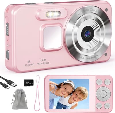 Digitale Camera 4K - Full HD - 64MP Fotokamera - Fototoestel met 2.8 Inch LCD Scherm - 18X Digitale Zoom - Compacte en Draagbare Vlogcamera - Anti Shake Functie - Inclusief 32GB SD Kaart - Roze