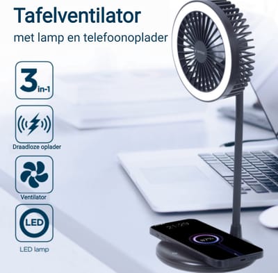 3-in-1 Tafelventilator - Qi draadloze oplader 10W - LED Verlichting - 3 snelheden en verlichting - USB Ventilator- Handventilator -Bureau Ventilator - Mini Ventilator - Tafel ventilator - Zwart