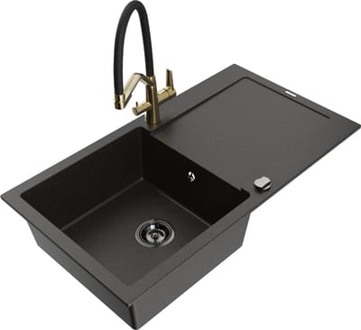 Mexen Leo granieten gootsteen 1-komers met afdruiprek en keukenmengkraan Duo, zwart/goud metallic - 6501-75-671701-57-B