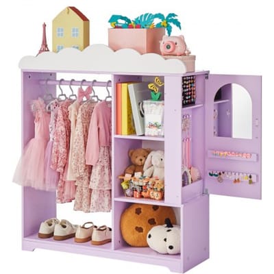 VEVOR Kinderkledingkast 91x30x103cm, Kinderkledingkast met Spiegel, Kledingstang en Planken, Verkleedkast van MDF met Sieradendoos voor Meisjes, Kinderkledingkast voor Kostuums, Speelgoed en Poppen, Paars