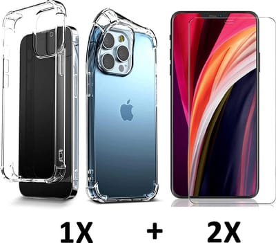 HB Hoesje Geschikt voor Apple iPhone 13 Pro - Transparant / 2X Glazen Screenprotector - Extra Stevig Anti-Shock Hybrid Back Cover