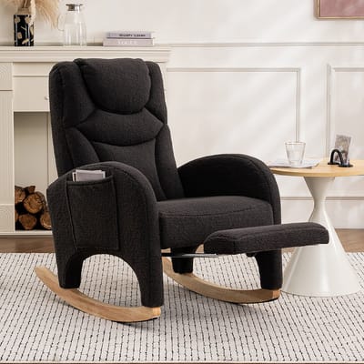 Pugsdrly Schommelstoel, relaxfauteuil, fauteuil met armleuningen, gestoffeerde schommelstoel, bijzetstoel voor de slaapkamer, donkergrijze Teddy-stof, draagvermogen 110 kg