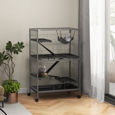Wishdor - Knaagdierkooi - Multifunctioneel - 4 platforms en 3 rampen - Met wielen - Voor binnen - Staal - Grijs - 80 x 52 x 128 cm