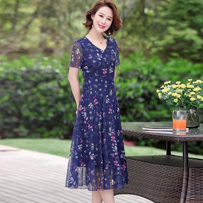 Zomerjurk van chiffon, middellange lengte, grote maat, bedrukt, bloemen, over de knie, jurk, V-hals, korte mouw, elastische taille XXL blauw