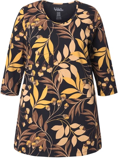 Ulla Popken - Dames - Longshirt bloemen A-lijn ronde hals 3/4-mouwen - Zwart - Maat 66+