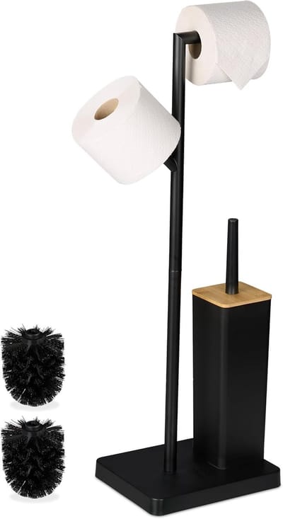 Famanu – Toiletbutler RVS – staand – wc-rolhouder + wc-borstel + reserverolhouder – zwart/natuur – 71x23x18 cm