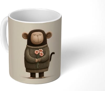 Mok - Koffiemok - Aap - Roze bloemen - Speels - Mokken - 350 ML - Beker - Koffiemokken - Theemok