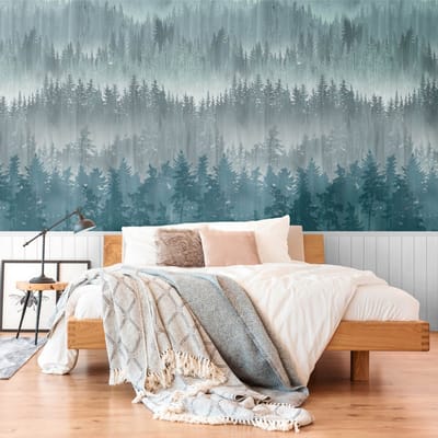 Fotobehang Profhome 398111-GU vliesbehang hardvinyl warmdruk in reliëf licht gestructureerd met bosmotief mat blauw pastelturquoise wit grijs 1,59 m x 2,8 m