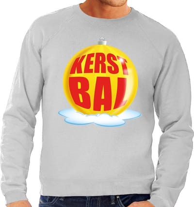 Foute kersttrui kerstbal geel op grijze sweater voor heren - kersttruien S