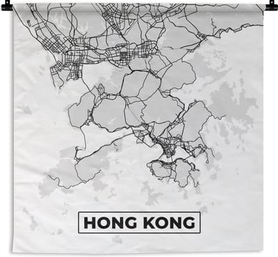 Wandkleed - Wanddoek - Hong Kong - Stadskaart - Zwart Wit - Plattegrond - Kaart - 180x180 cm - Wandtapijt