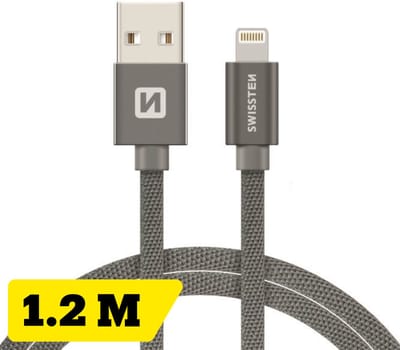 Swissten Lightning Oplaadkabel 1,2 meter – voor iPhone & iPad – Gevlochten Nylon USB-A Kabel – Grijs