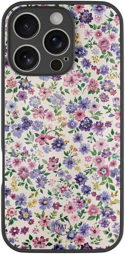 Hoesje geschikt voor iPhone 16 Pro - Paarse bloemen - Luxe Hard Case - Bloemen - Paars - Mooie Telefoonhoesjes